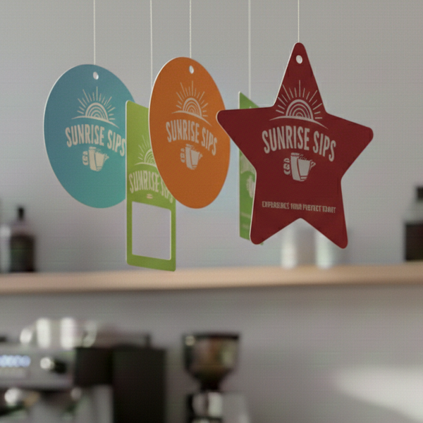 Printed dangler with vibrant graphics for retail marketing